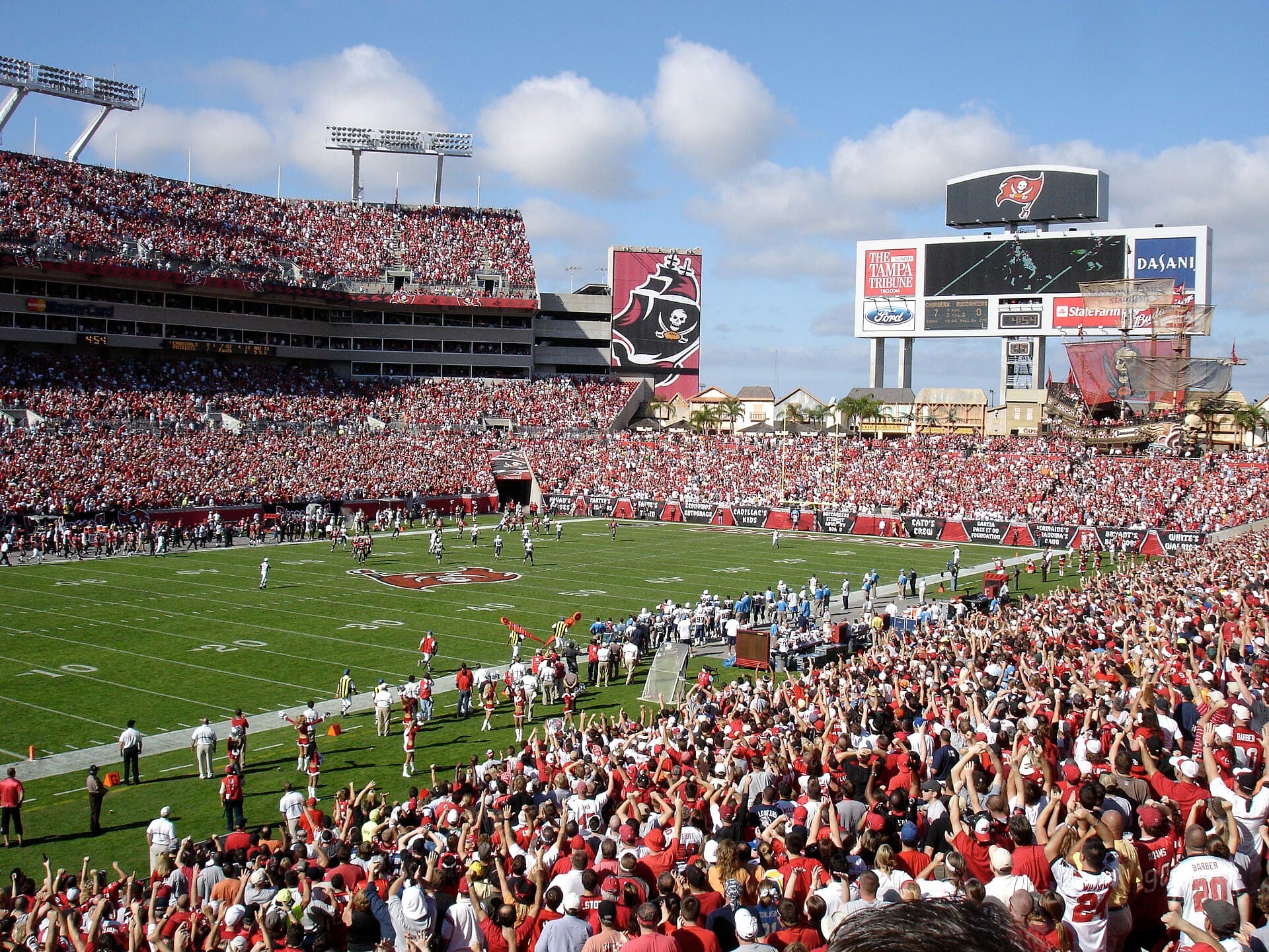 Raymond James Stadium and its pirate ship, the Buccaneers' home since the 1998 rebrand.