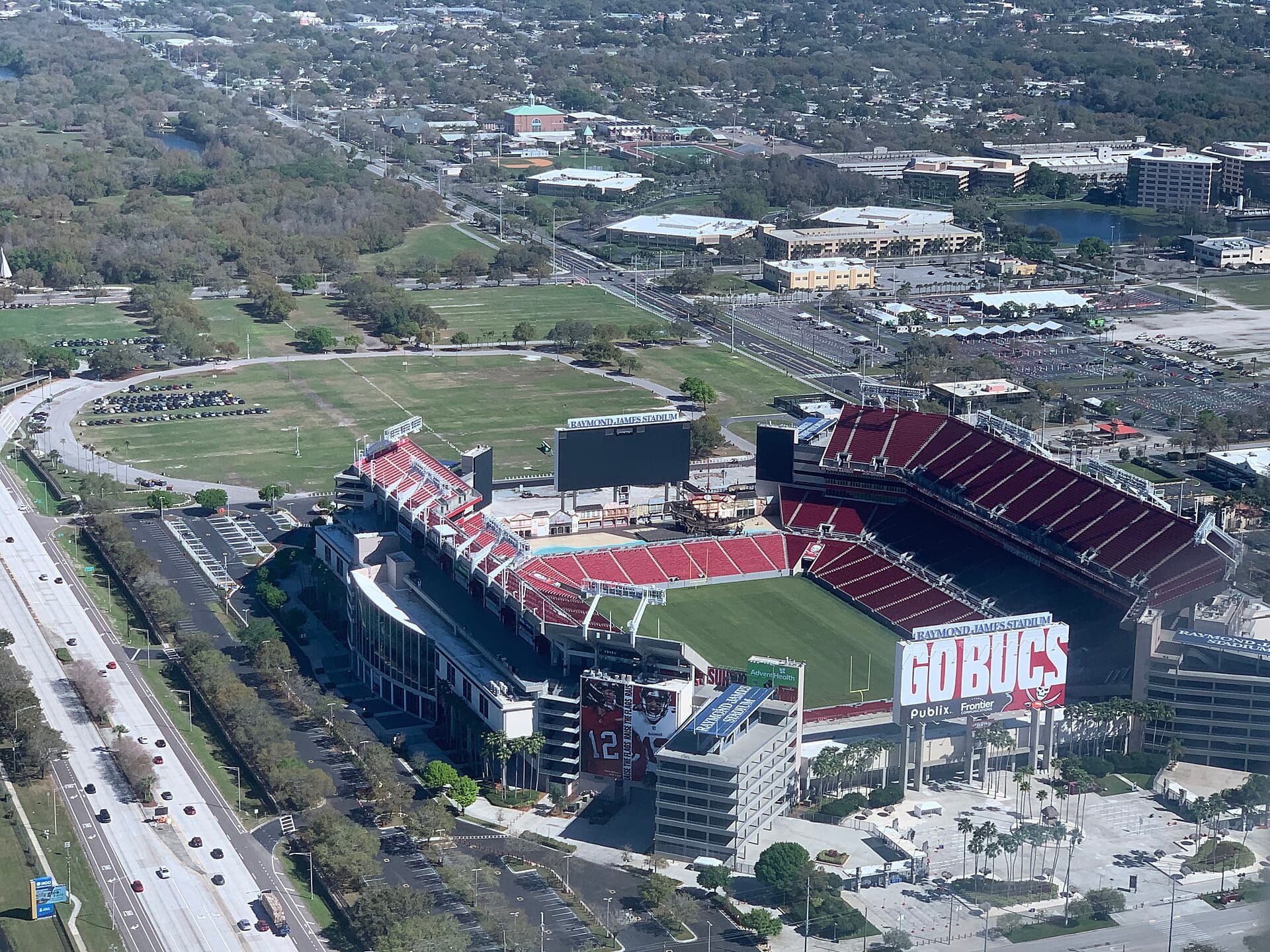Raymond James Stadium seen from the air near Tampa.