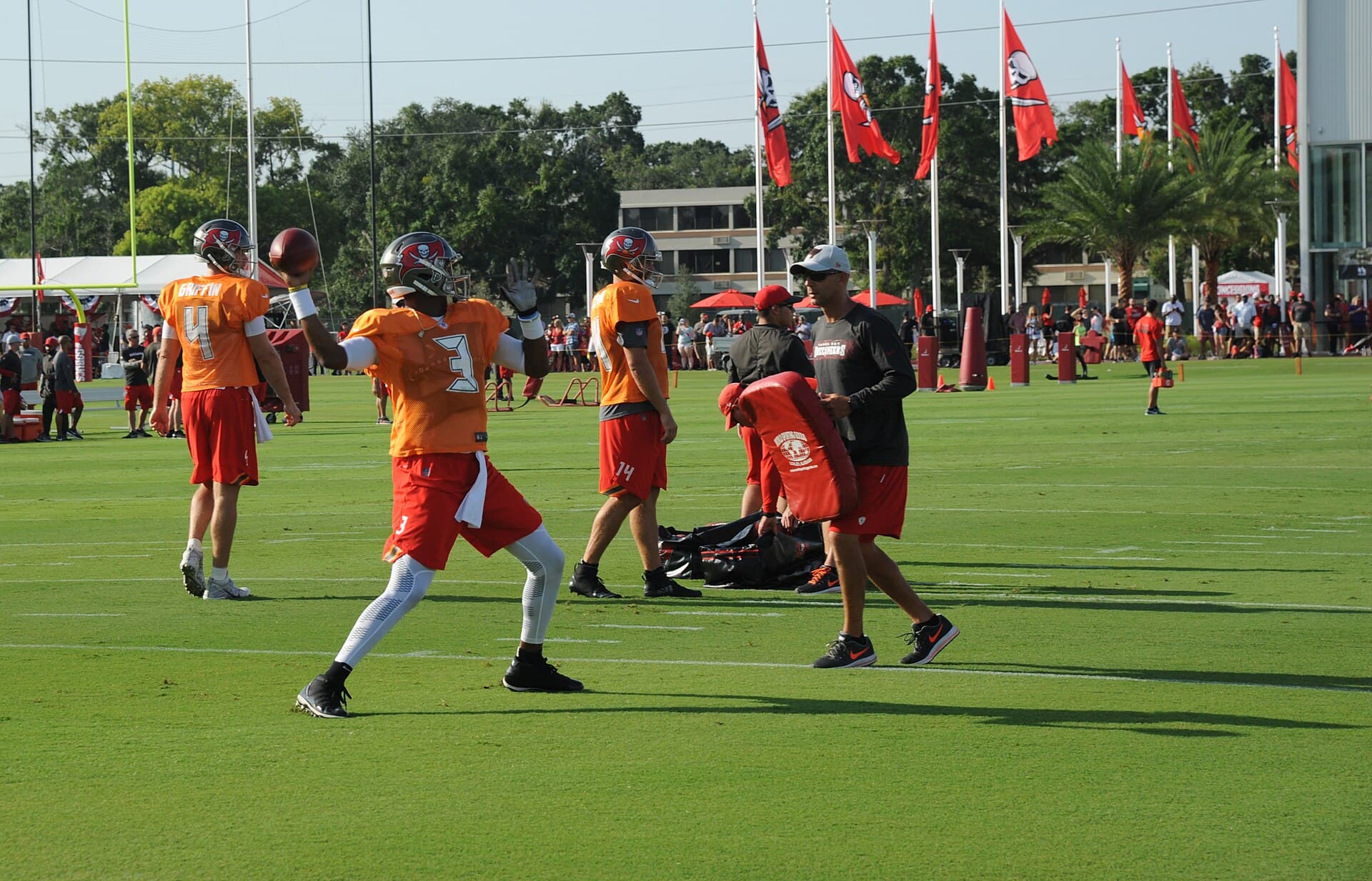 A Buccaneers quarterback throws during training camp at One Buc Place in Tampa.