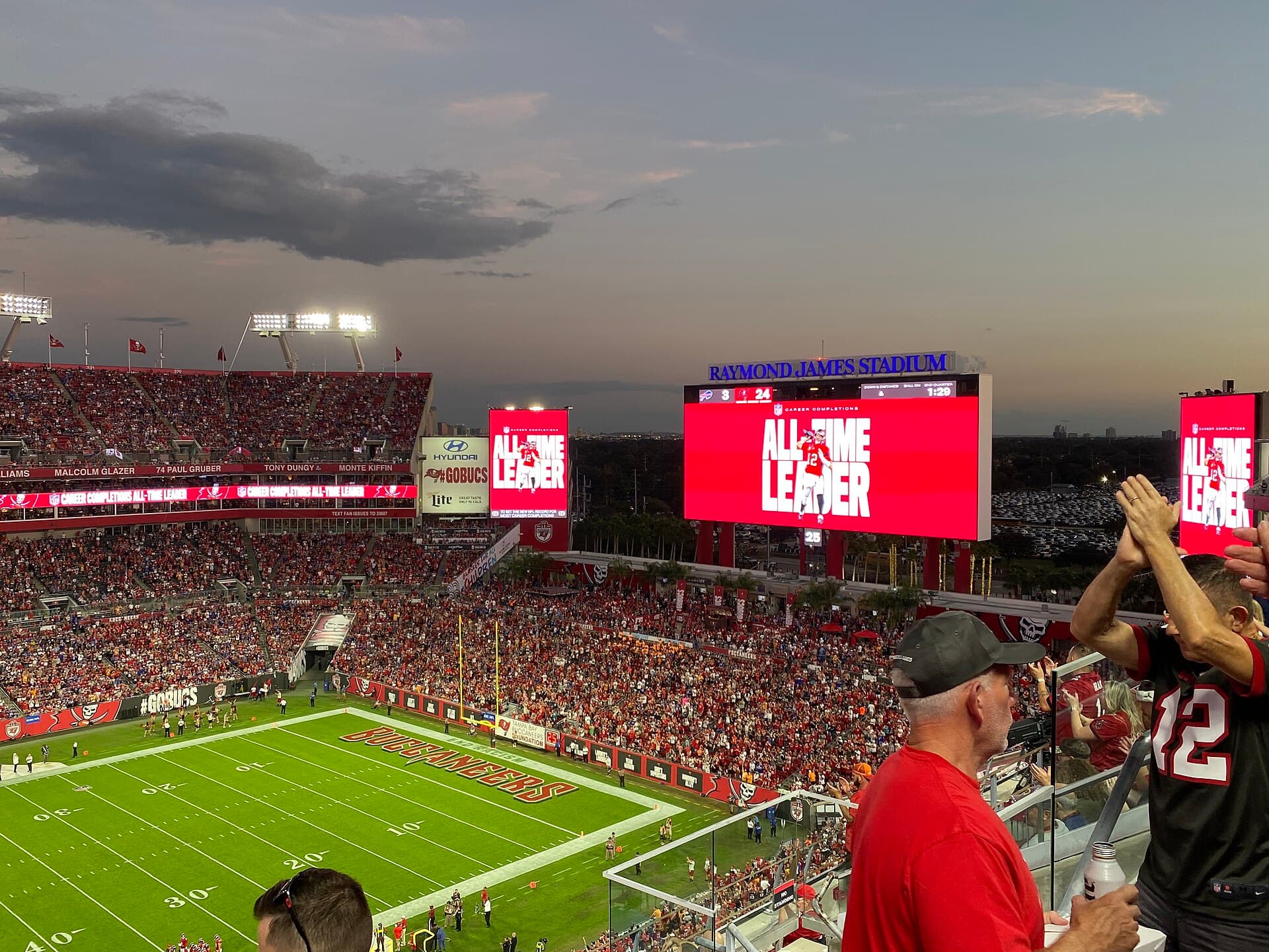 Tom Brady in Buccaneers uniform, moments after becoming the NFL's all-time completions leader in 2021.